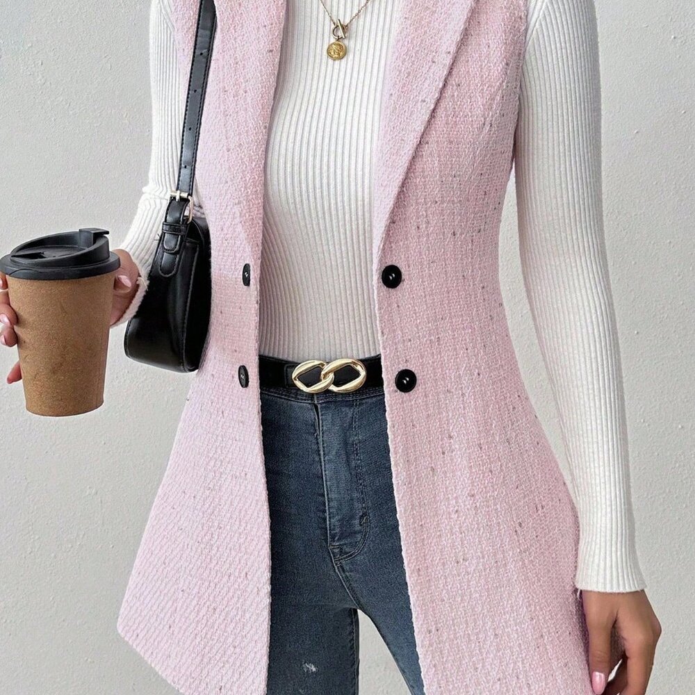 Pink Elegant Women's Polka Dot Collar Sleeveless Tweed Jacket
